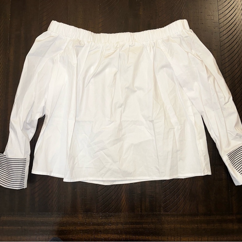 REVOLVE X Aftermarket Off the Shoulder Cotton Blouse with Striped Cuffed Detail